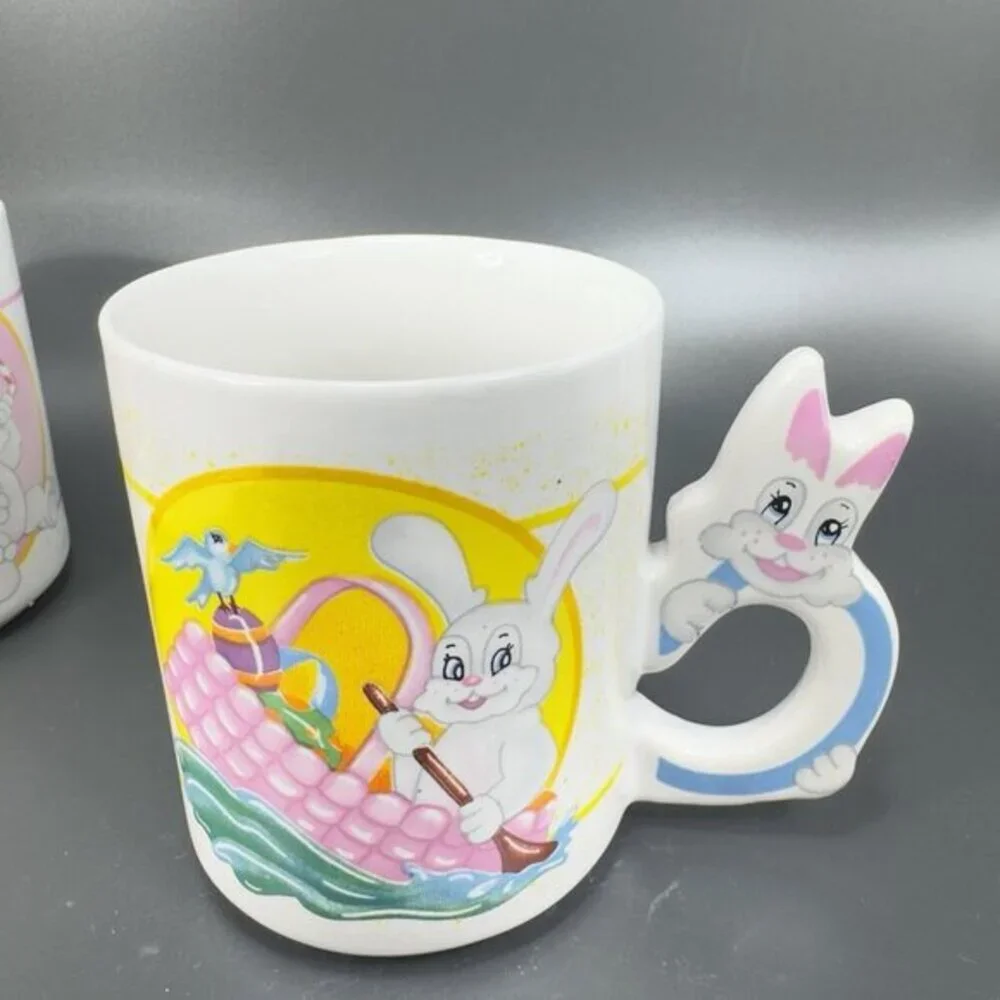 1980s Mug Cup Kitsch Colorful Bunny Rabbit Drinking Float Ceramic Mugs Cups Set2